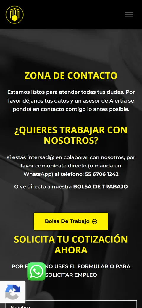 Sitio de Alertia en movil, pantalla 2