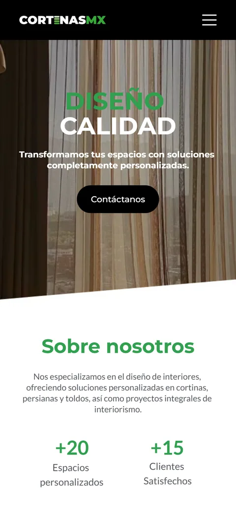 Sitio de Cortinas MX en movil, pantalla 1