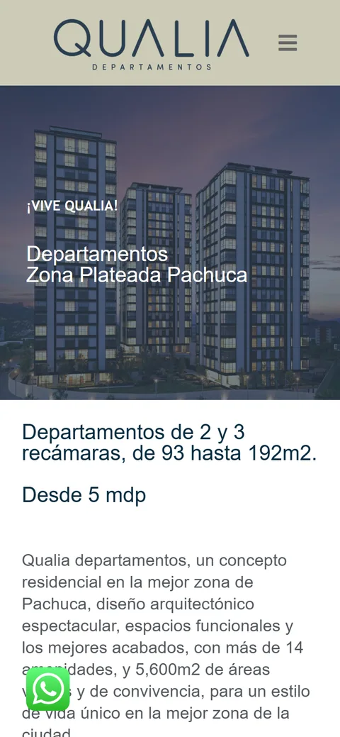Sitio de Qualia Departamentos en movil, pantalla 1