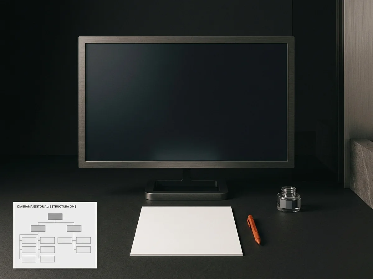 Monitor and editorial structure diagram on a desk, One Man Studio's automation process
