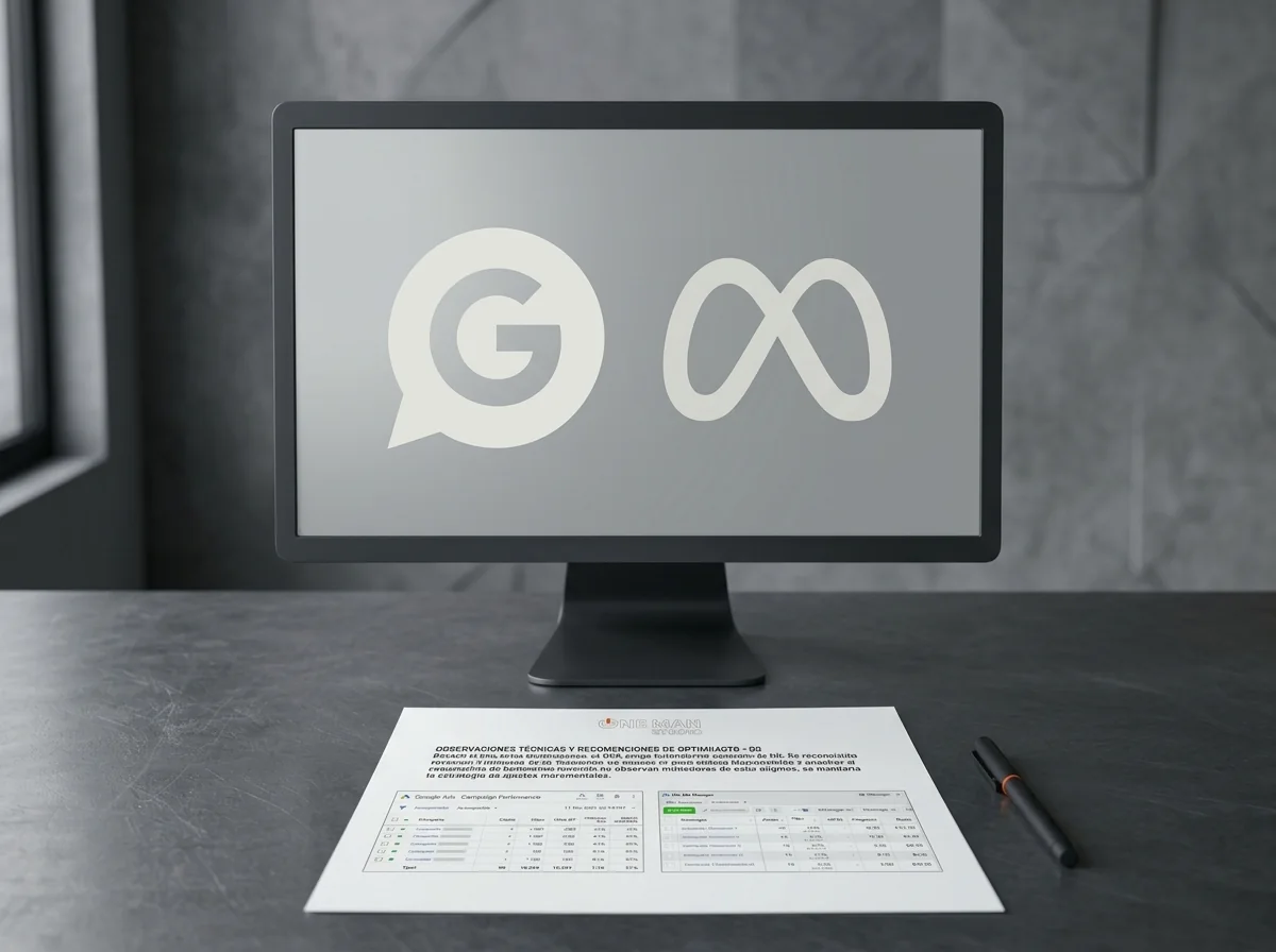 Monitor con los logos de Google y Meta junto a un reporte de campañas de Google Ads de One Man Studio