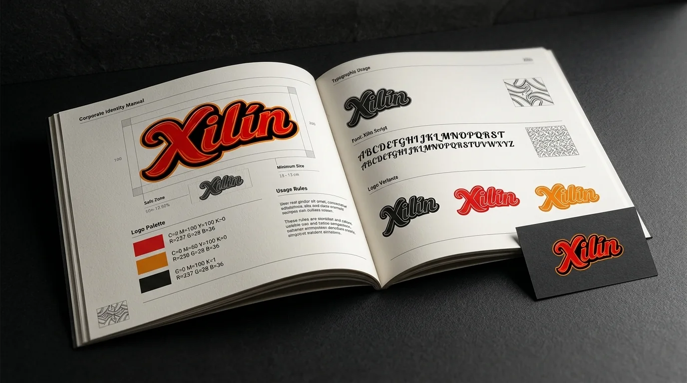 Open corporate identity manual showing a logo, typography, and color palette for a brand created by One Man Studio