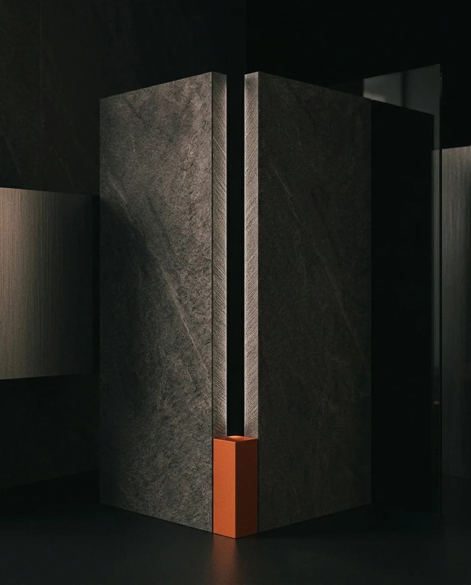 Dark stone monolith with an orange block, One Man Studio's automation aesthetic