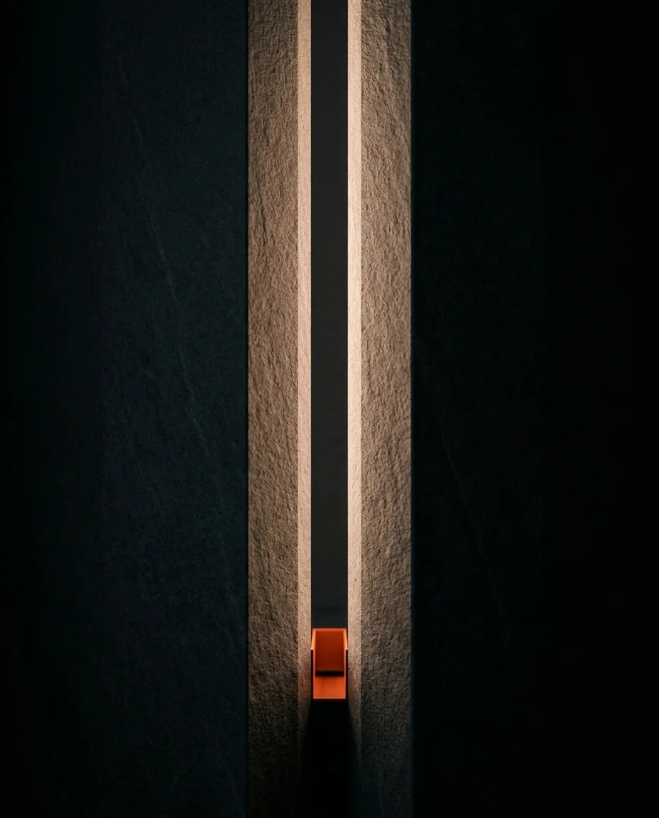 Piedra oscura con una rendija de luz vertical y un detalle naranja, estética de publicidad digital de One Man Studio