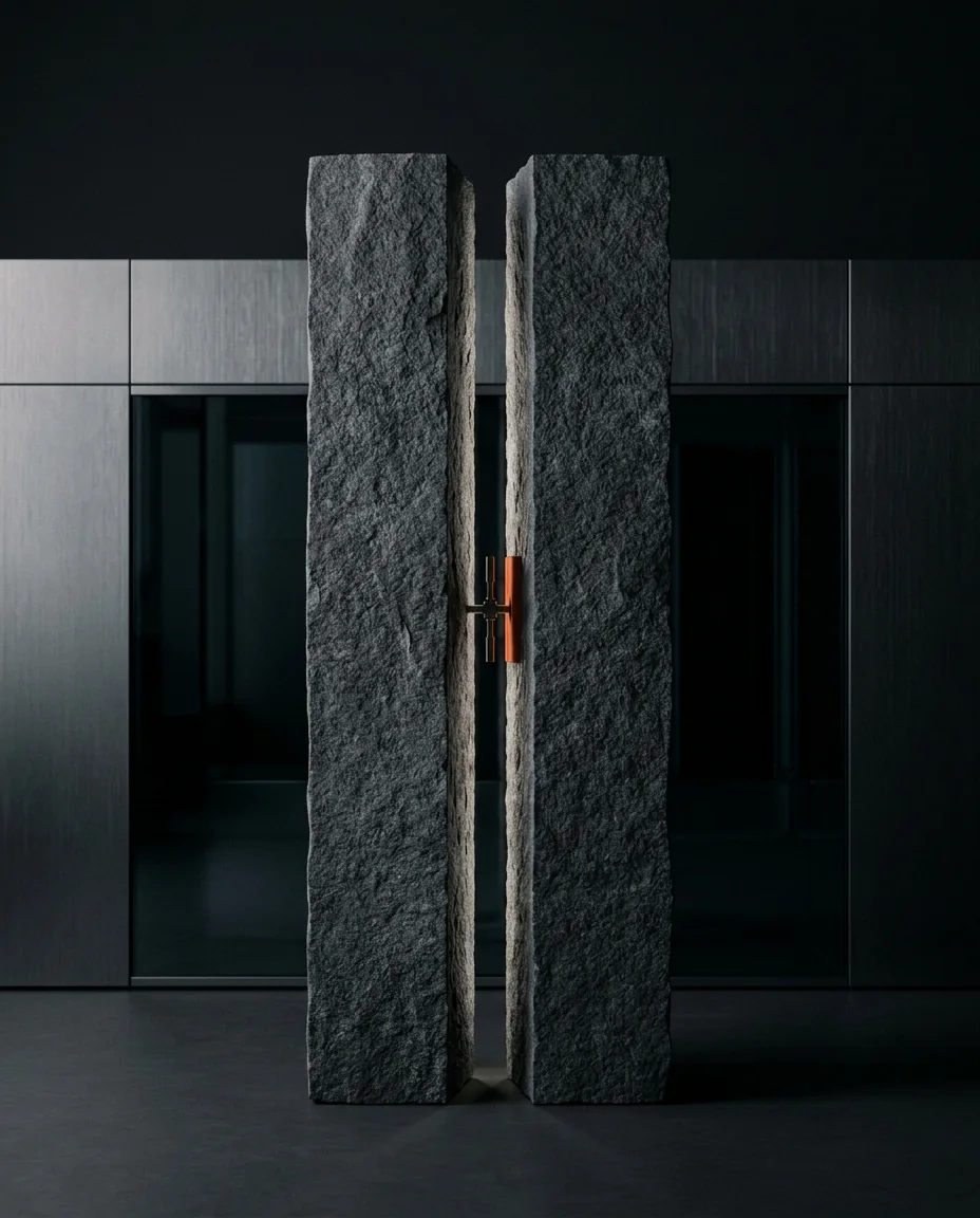 Dos monolitos de piedra oscura con un detalle de cobre al centro, estética de desarrollo web de One Man Studio
