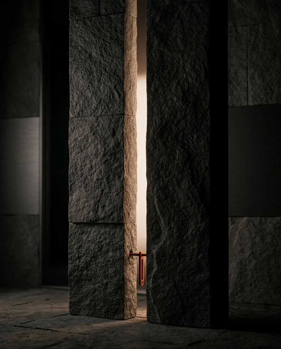 Dark stone monoliths with a slit of light and an orange detail, One Man Studio's graphic design aesthetic