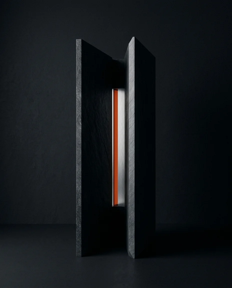 Dark stone monolith with a slit of light and an orange detail, One Man Studio's software aesthetic
