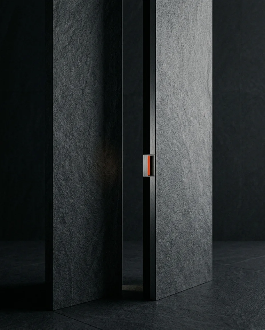 Dark stone panels with an orange detail, One Man Studio's translation aesthetic