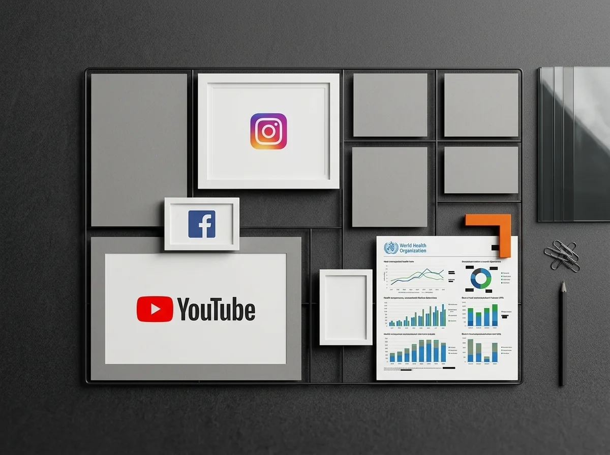 Marcos con los logos de Instagram, Facebook y YouTube junto a un reporte de métricas, gestión de redes sociales de One Man Studio