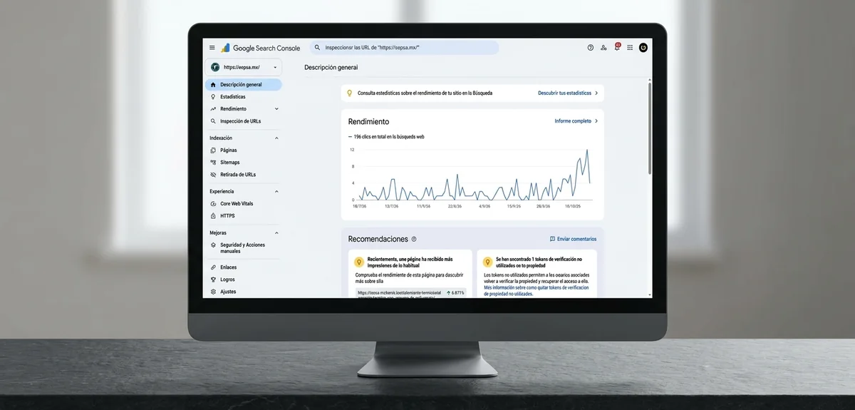 Pantalla con el panel de Google Search Console mostrando el rendimiento de un sitio, trabajo de SEO de One Man Studio