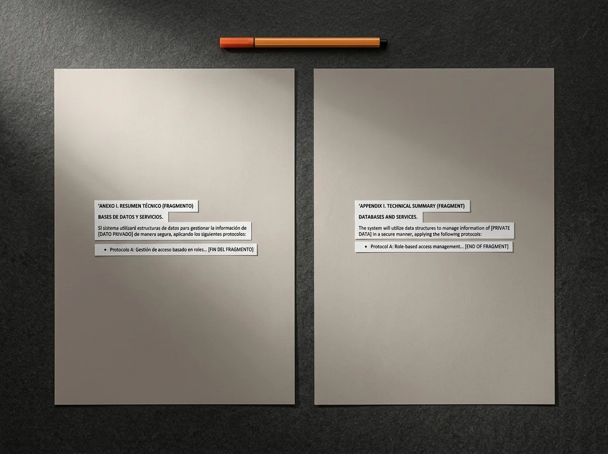 Two identical technical documents in Spanish and English, professional translation by One Man Studio